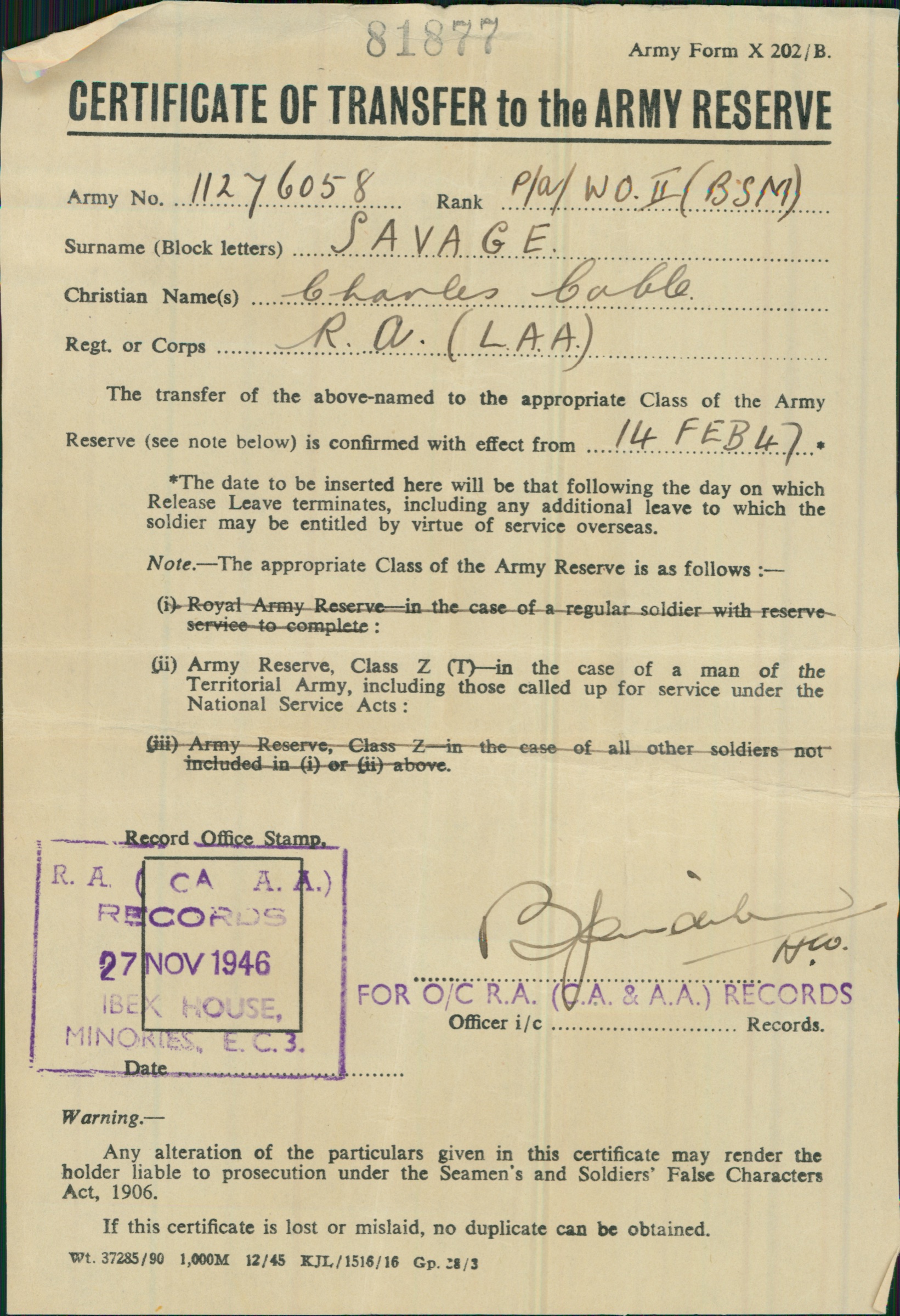 Certificate of Transfer to the Army Reserve
