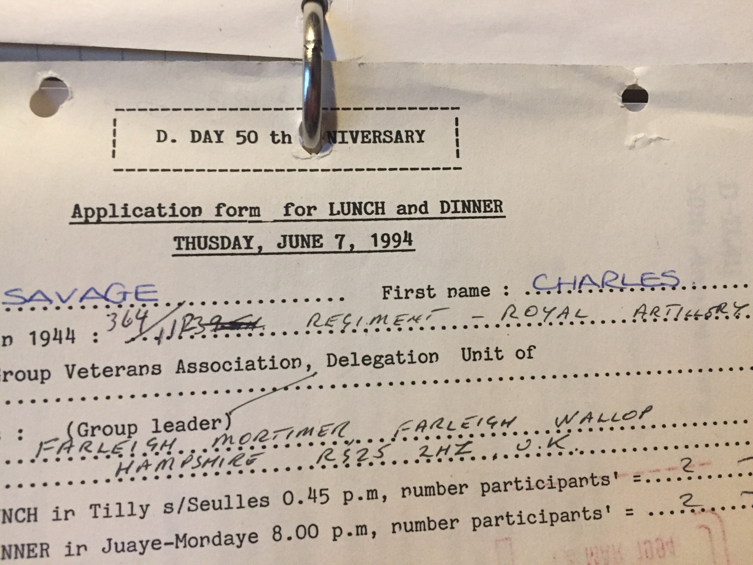 D-Day 50th Anniversary lunch & dinner form