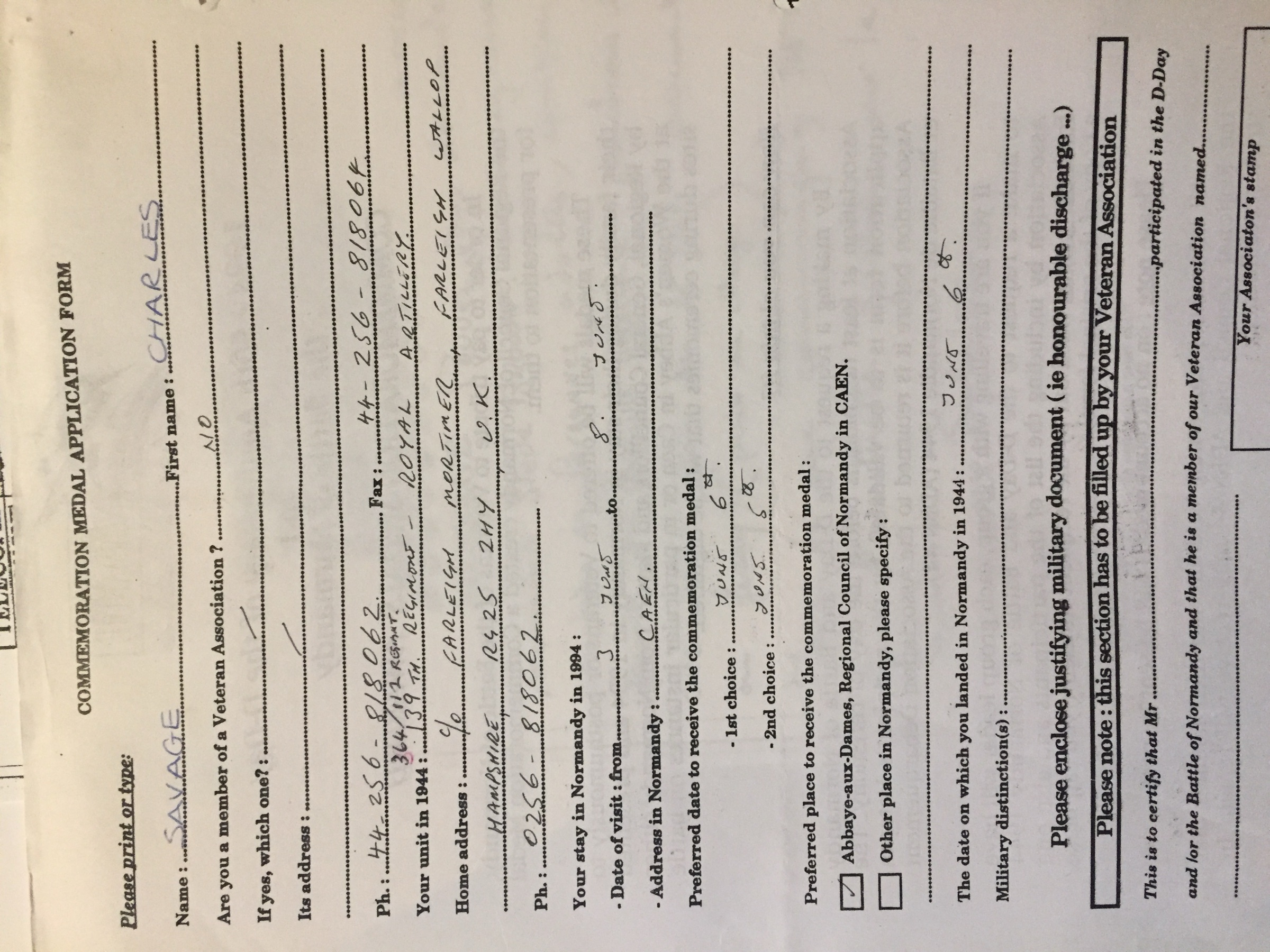 D-Day 50th Anniversary medal application, 1994