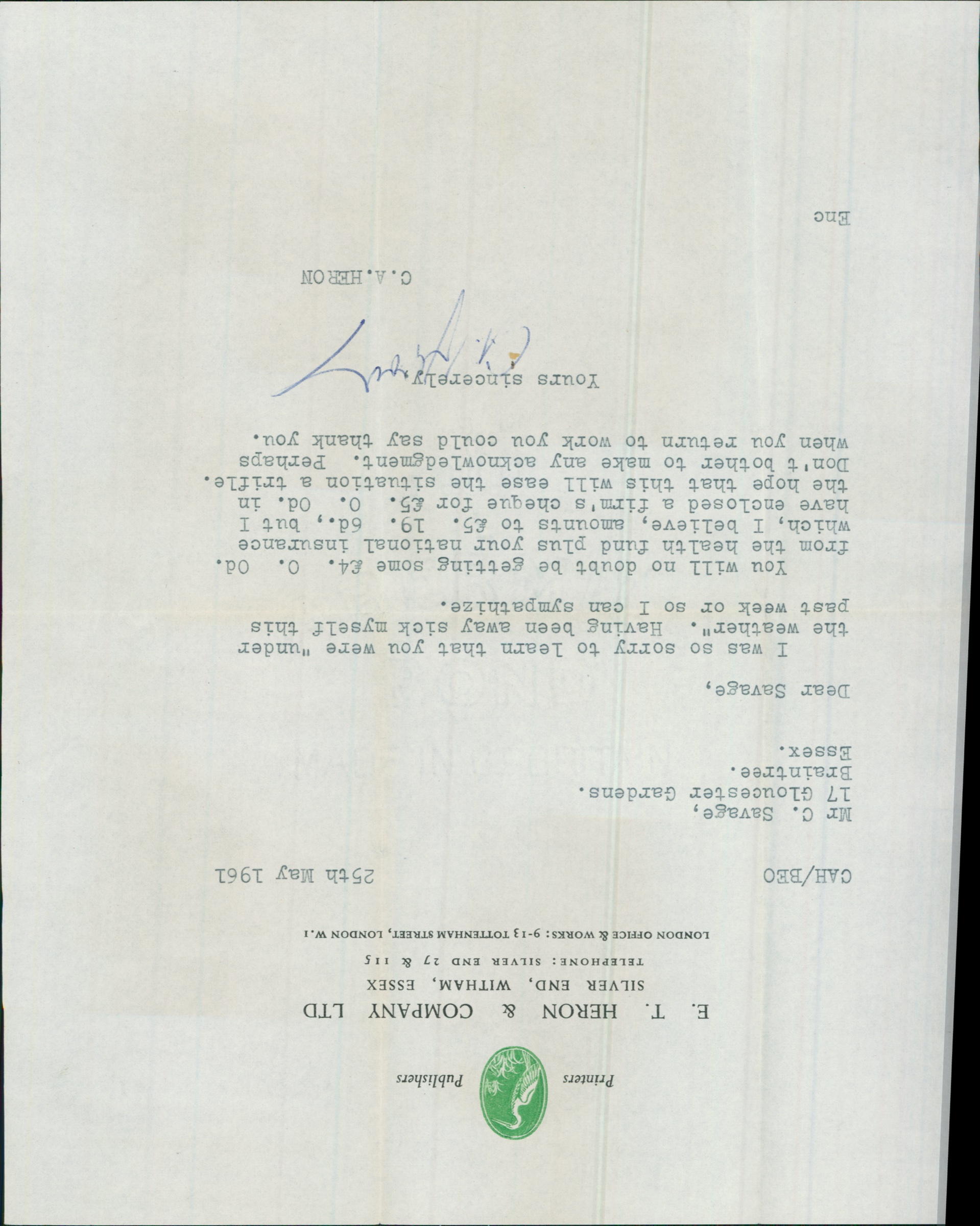 Letter from E.T. Heron & Co Ltd, 1961