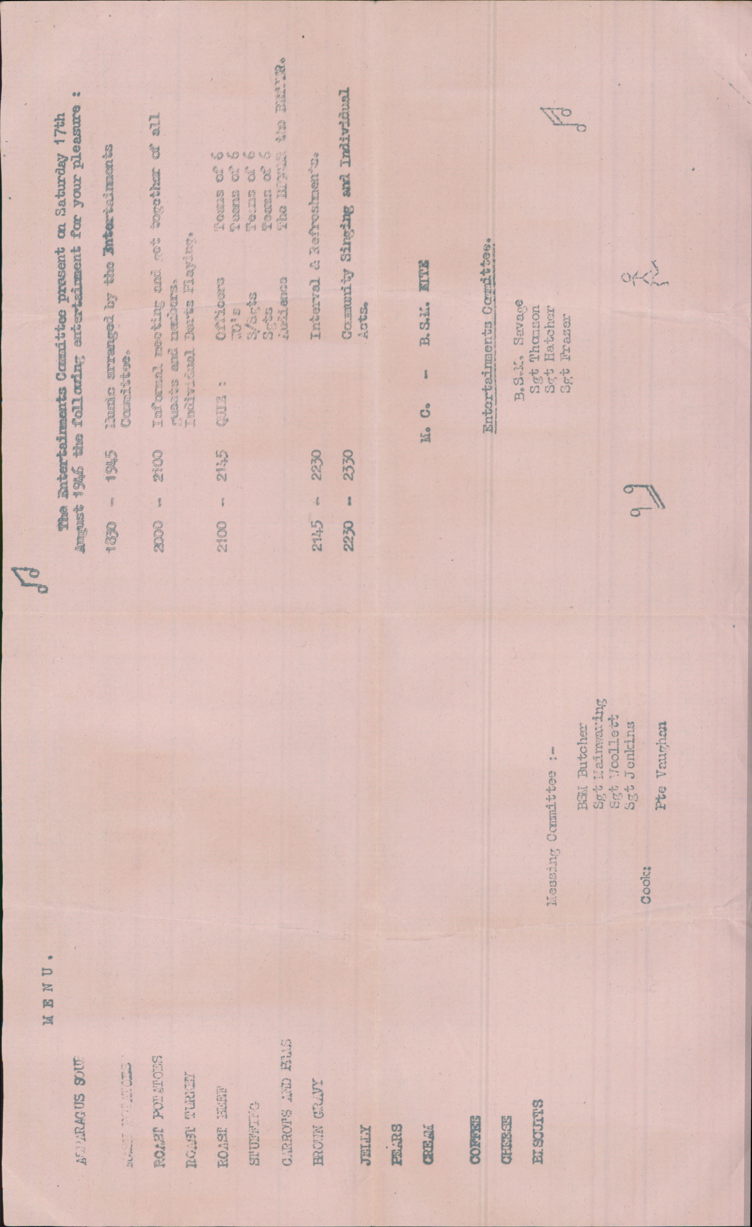 Mess dinner programme, 17 August 1946