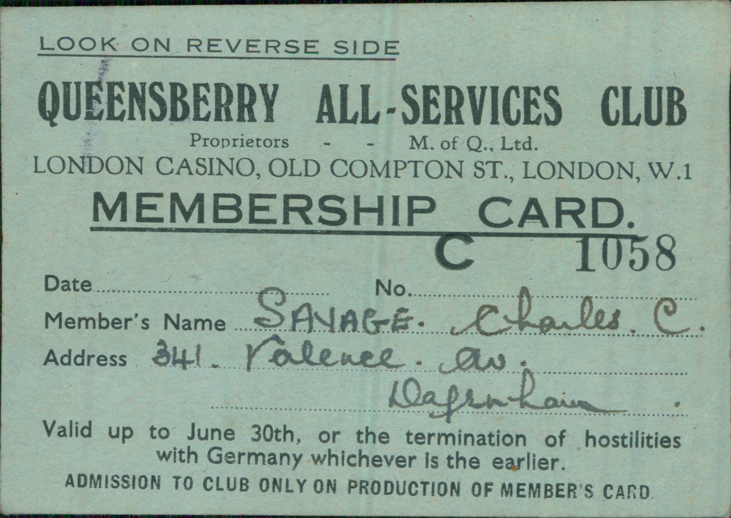 Queensberry All-Services Club membership card