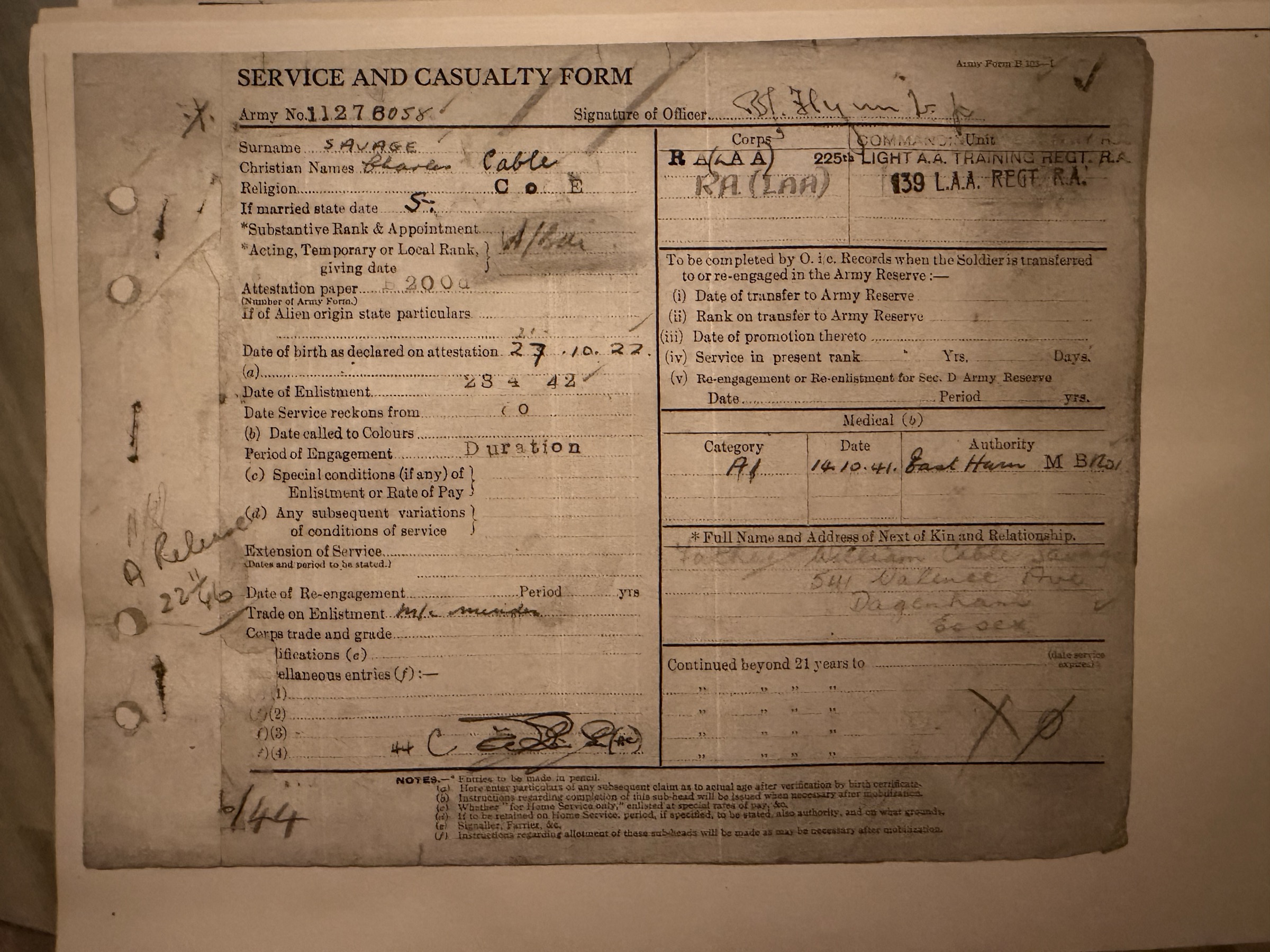 Service & Casualty Form B2068A